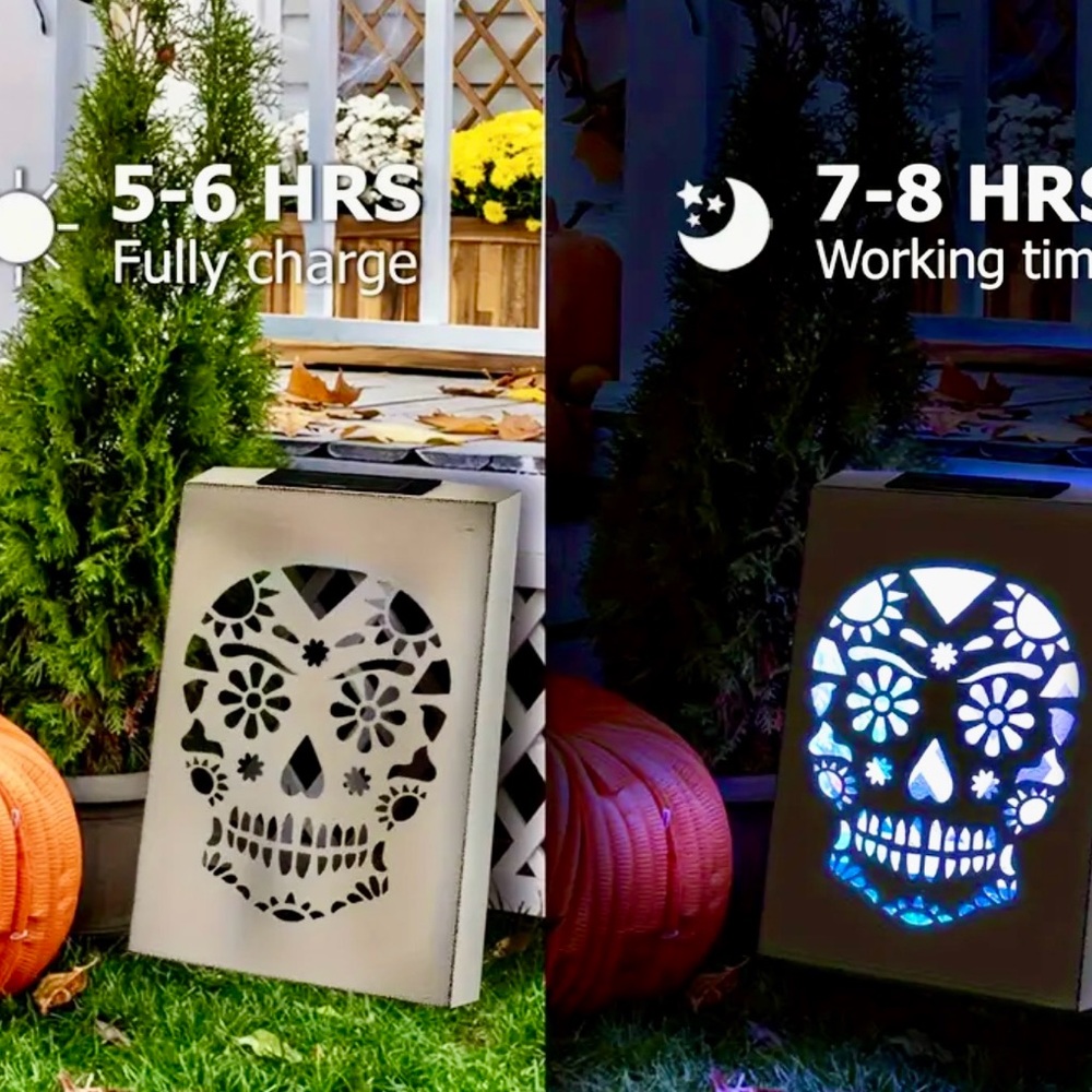 NIB SOLAR RGB METAL FRAME DAY OF DEAD SUGAR SKULL CALAVERA WALL LIGHT LOT OF 2